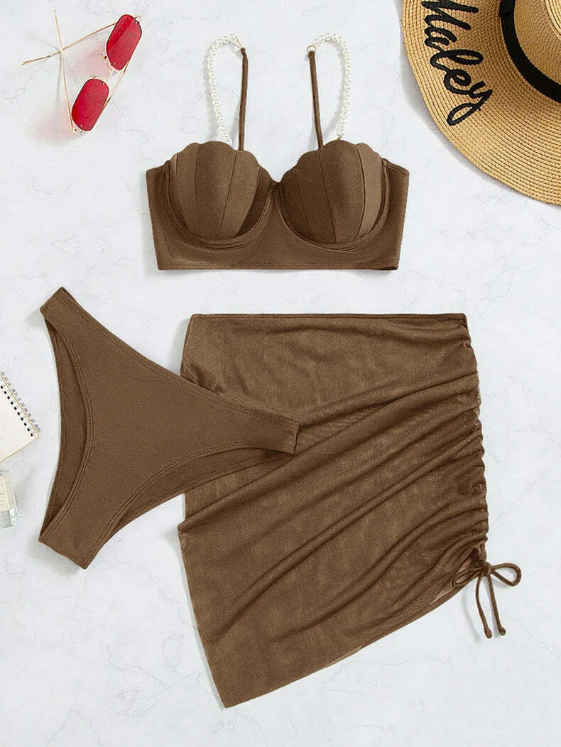 Y2K Aesthetic Three-Piece Bikini Set in Solid Colors Y2K Aesthetic Three-Piece Bikini Set in Solid Colors