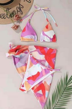 Y2K Aesthetic Three-Piece Color Matching Halter Beach Bikini Set