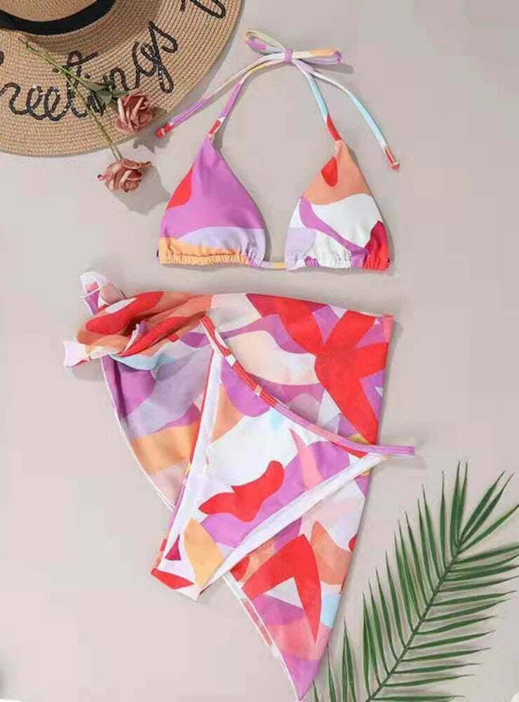 Y2K Aesthetic Three-Piece Color Matching Halter Beach Bikini Set