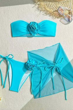 Y2K Aesthetic Three-Piece Flower Strap Beach Swimsuit