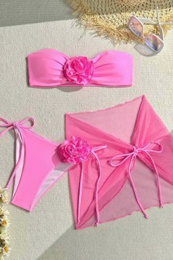 Y2K Aesthetic Three-Piece Flower Strap Beach Swimsuit
