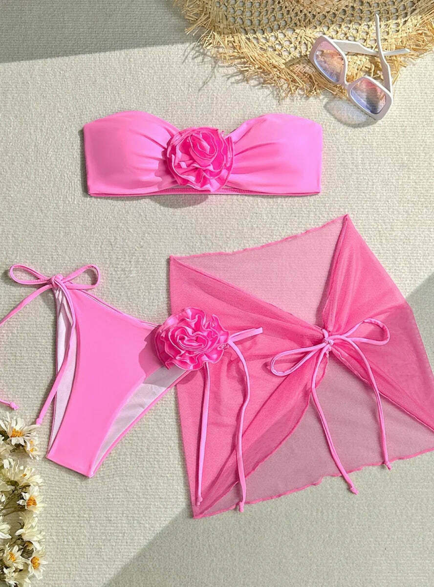 Y2K Aesthetic Three-Piece Flower Strap Beach Swimsuit Y2K Aesthetic Three-Piece Flower Strap Beach Swimsuit