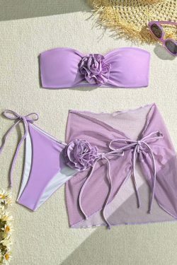 Y2K Aesthetic Three-Piece Flower Strap Beach Swimsuit