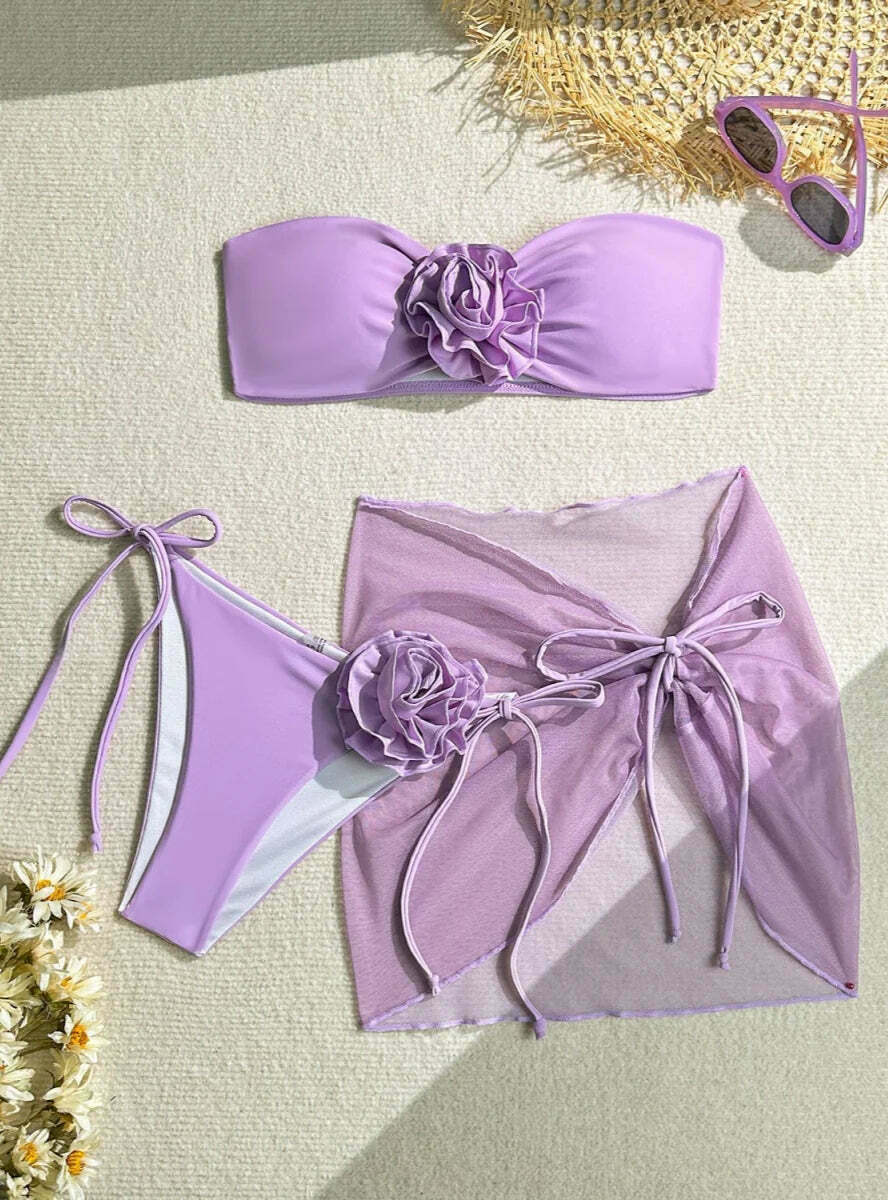 Y2K Aesthetic Three-Piece Flower Strap Beach Swimsuit Y2K Aesthetic Three-Piece Flower Strap Beach Swimsuit