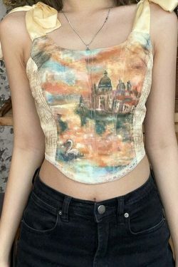 Y2K Aesthetic Tie-Strap Corset Top with Painted Details