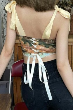 Y2K Aesthetic Tie-Strap Corset Top with Painted Details