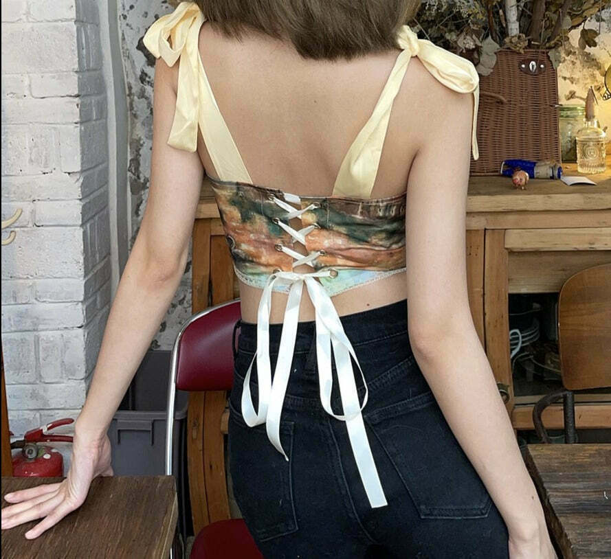 Y2K Aesthetic Tie-Strap Corset Top with Painted Details Y2K Aesthetic Tie-Strap Corset Top with Painted Details