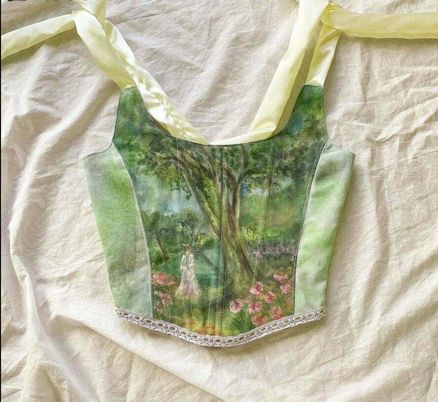 Y2K Aesthetic Tie-Strap Corset Top with Painted Details Y2K Aesthetic Tie-Strap Corset Top with Painted Details