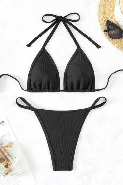 Y2K Aesthetic Tie-Up Halter Two Piece Bikini - Coquette Style Grunge Fashion Women's Swimwear