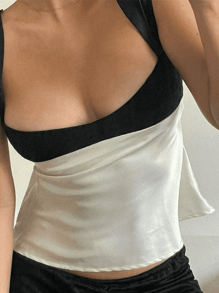 Y2K Aesthetic Tie Back Patchwork Satin Tank Top for Women - Coquette Style Grunge Fashion Y2K Aesthetic Tie Back Patchwork Satin Tank Top for Women - Coquette Style Grunge Fashion