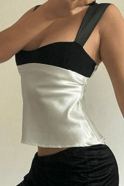 Y2K Aesthetic Tie Back Patchwork Satin Tank Top for Women - Coquette Style Grunge Fashion