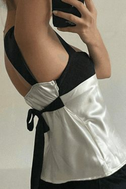 Y2K Aesthetic Tie Back Patchwork Satin Tank Top for Women - Coquette Style Grunge Fashion