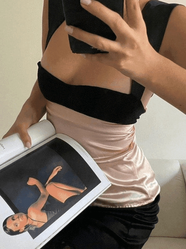 Y2K Aesthetic Tie Back Patchwork Satin Tank Top for Women - Coquette Style Grunge Fashion Y2K Aesthetic Tie Back Patchwork Satin Tank Top for Women - Coquette Style Grunge Fashion