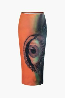 Y2K Aesthetic Tie Dye Eye Print Midi Skirt for Women - Coquette & Grunge Style Fashion