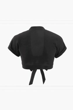 Y2K Aesthetic Tie Front Crop Blouse with Rolled Cuffs - Coquette & Grunge Style