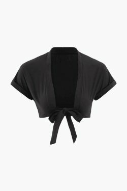 Y2K Aesthetic Tie Front Crop Blouse with Rolled Cuffs - Coquette & Grunge Style