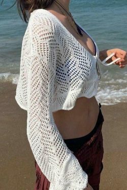 Y2K Aesthetic Tie Front Open Knit Crop Top for Women - Coquette & Grunge Style Fashion