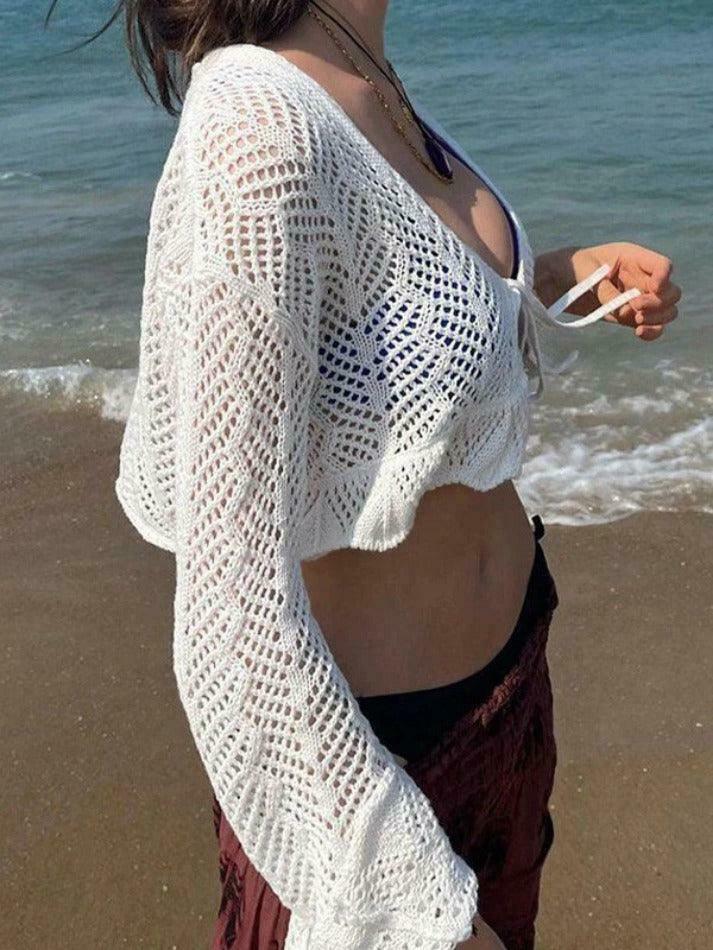 Y2K Aesthetic Tie Front Open Knit Crop Top for Women - Coquette & Grunge Style Fashion