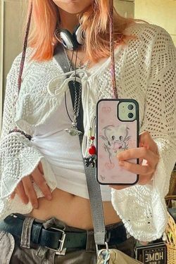 Y2K Aesthetic Tie Front Open Knit Crop Top for Women - Coquette & Grunge Style Fashion