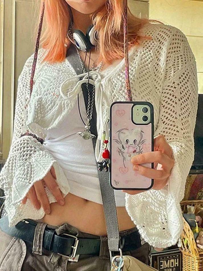 Y2K Aesthetic Tie Front Open Knit Crop Top for Women - Coquette & Grunge Style Fashion