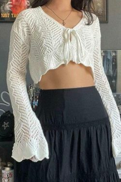 Y2K Aesthetic Tie Front Open Knit Crop Top for Women - Coquette & Grunge Style Fashion