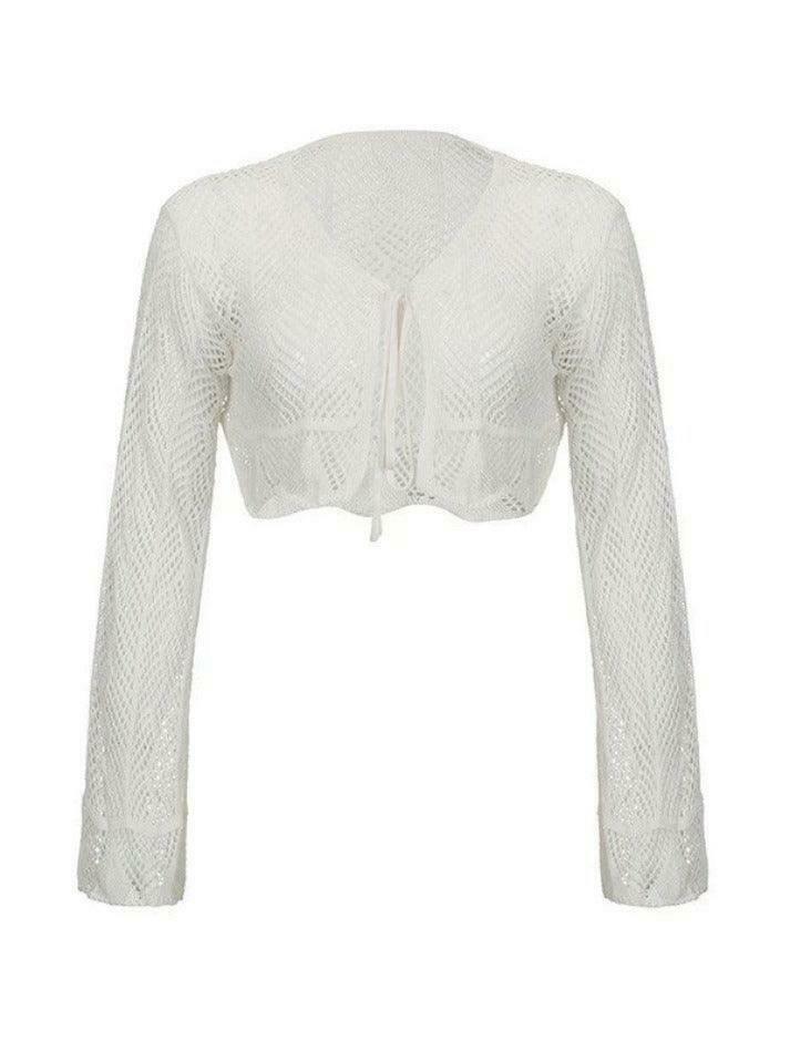 Y2K Aesthetic Tie Front Open Knit Crop Top for Women - Coquette & Grunge Style Fashion