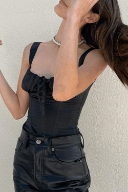 Y2K Aesthetic Tie Front Satin Corset Top for Women - Coquette Style Grunge Fashion