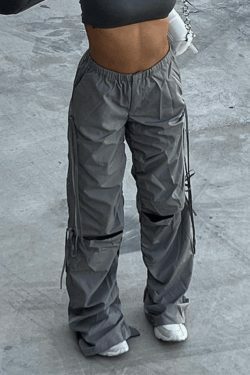 Y2K Aesthetic Tie Strap Cutout Parachute Cargo Pants - Coquette & Grunge Style Women's Fashion