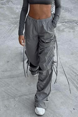 Y2K Aesthetic Tie Strap Cutout Parachute Cargo Pants - Coquette & Grunge Style Women's Fashion