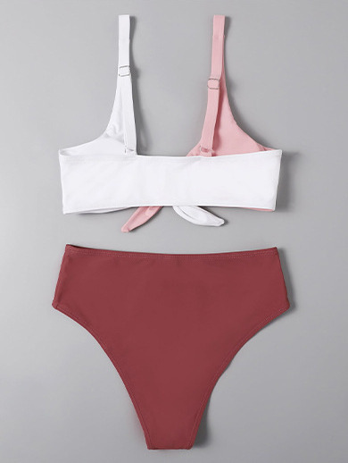 Y2K Aesthetic Tri-Color Split Bikini with Chest Opening Strap - Coquette Fashion for Women