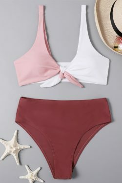 Y2K Aesthetic Tri-Color Split Bikini with Chest Opening Strap - Coquette Fashion for Women