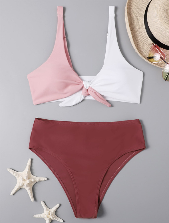 Y2K Aesthetic Tri-Color Split Bikini with Chest Opening Strap - Coquette Fashion for Women