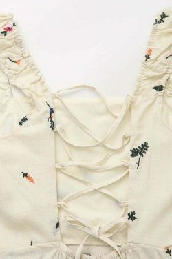 Y2K Aesthetic Tropical Embroidered Backless Dress - Coquette Style with Grunge & Pastel Goth Vibes