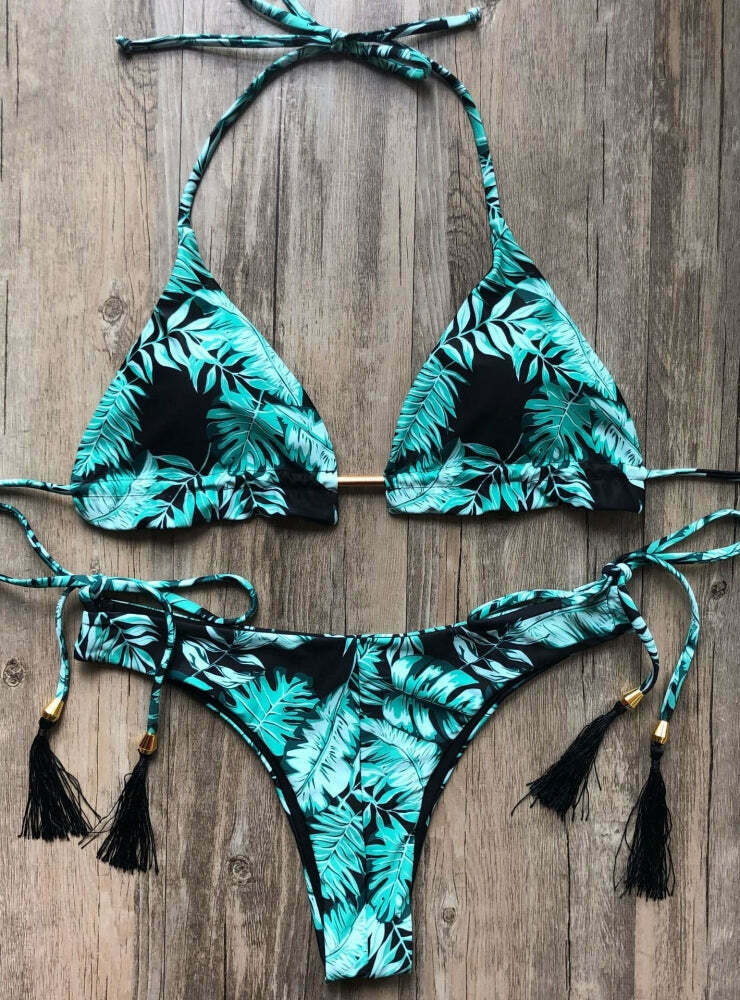 Y2K Aesthetic Tropical Print String Bikini Set for Women - Coquette Style Grunge Fashion