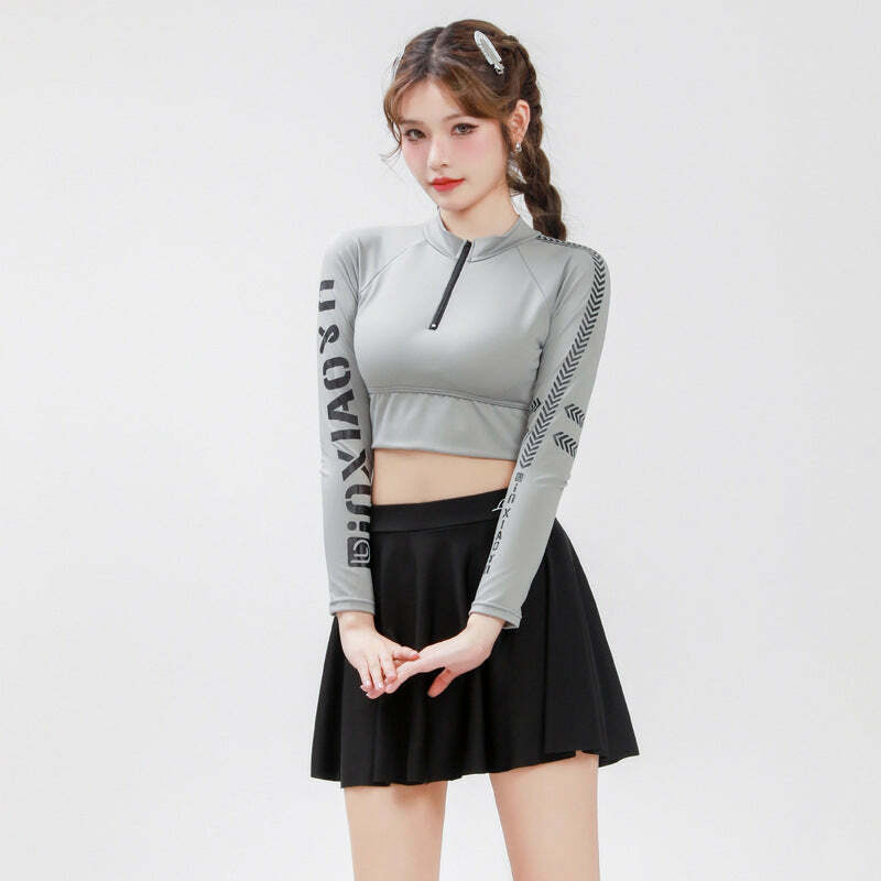 Y2K Aesthetic Two-Piece Swimsuit Dress for Women - Long-Sleeved Slimming Design