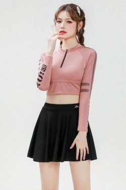Y2K Aesthetic Two-Piece Swimsuit Dress for Women - Long-Sleeved Slimming Design
