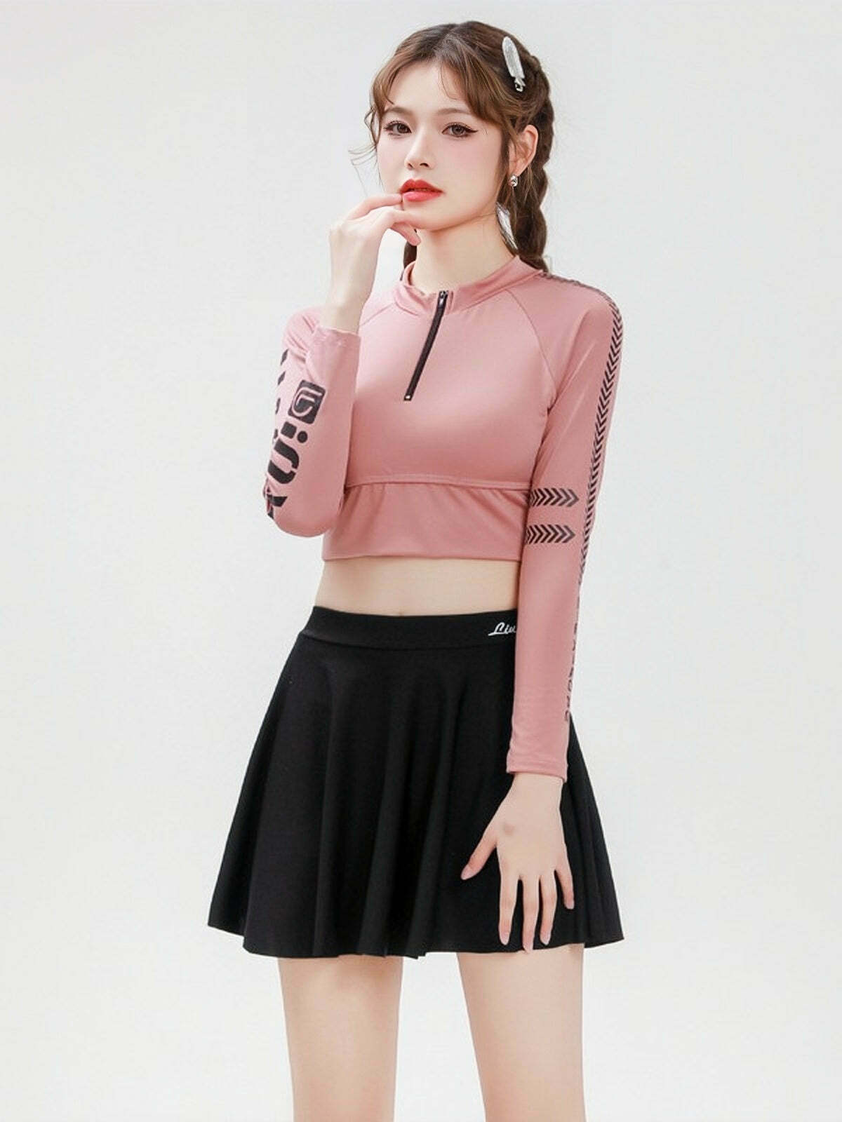 Y2K Aesthetic Two-Piece Swimsuit Dress for Women - Long-Sleeved Slimming Design