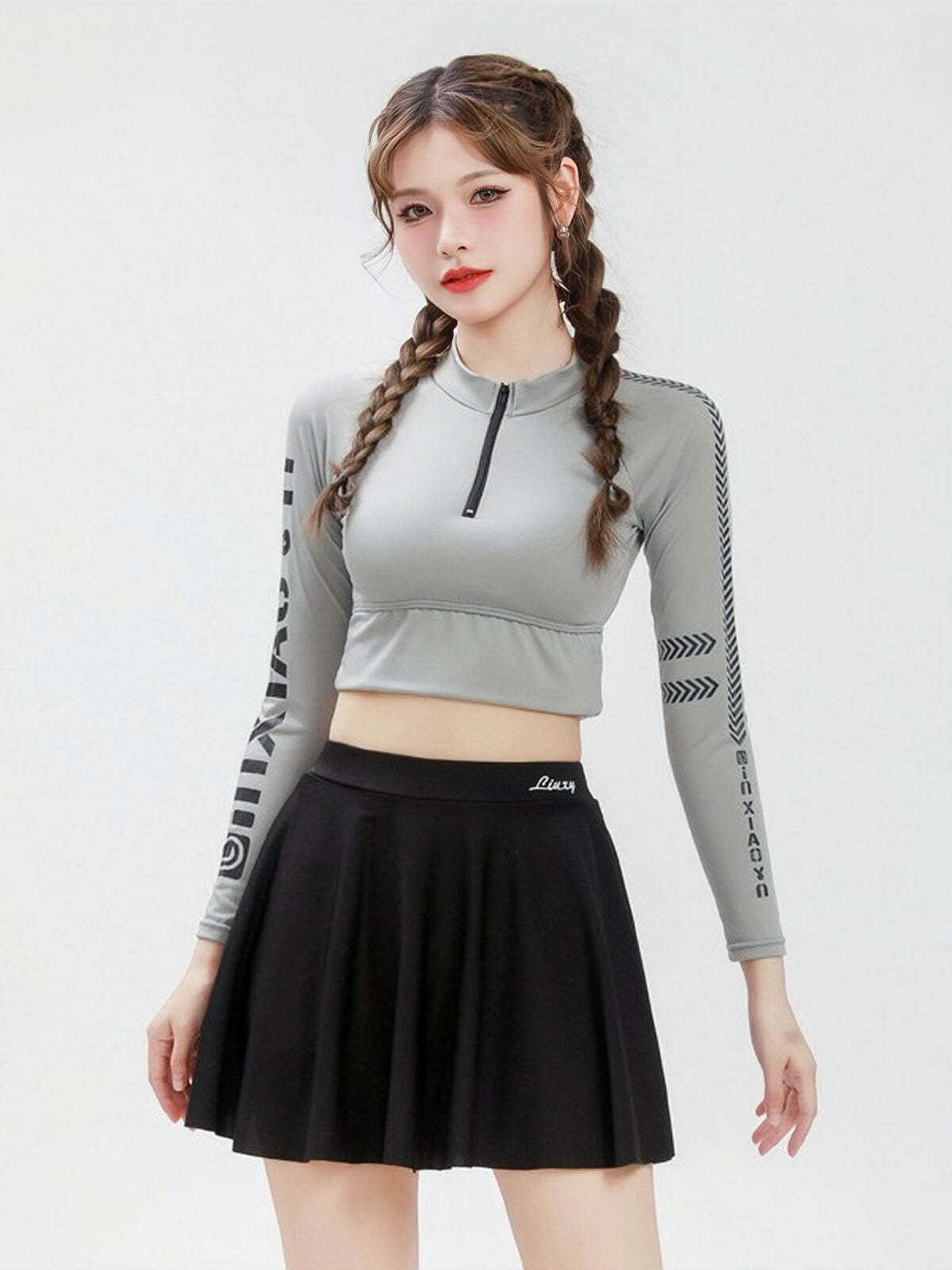 Y2K Aesthetic Two-Piece Swimsuit Dress for Women - Long-Sleeved Slimming Design