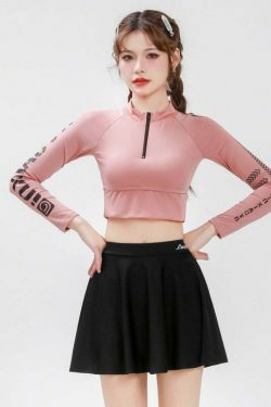 Y2K Aesthetic Two-Piece Swimsuit Dress for Women - Long-Sleeved Slimming Design