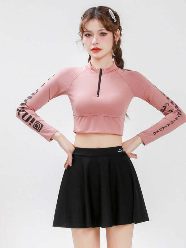 Y2K Aesthetic Two-Piece Swimsuit Dress for Women - Long-Sleeved Slimming Design