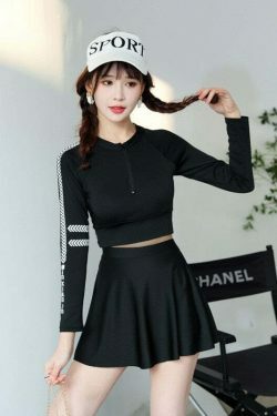 Y2K Aesthetic Two-Piece Swimsuit Dress for Women - Long-Sleeved Slimming Design