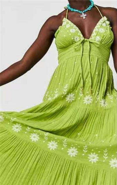 Y2K Aesthetic V-Neck Backless Maxi Dress for Women - Coquette Style Grunge Fashion Outfit