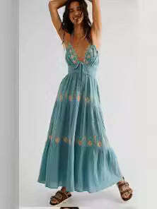 Y2K Aesthetic V-Neck Backless Maxi Dress for Women - Coquette Style Grunge Fashion Outfit