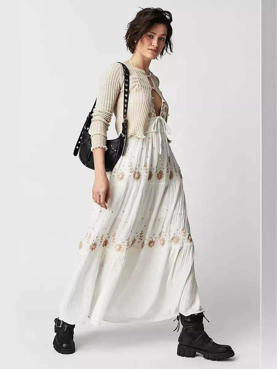 Y2K Aesthetic V-Neck Backless Maxi Dress for Women - Coquette Style Grunge Fashion Outfit