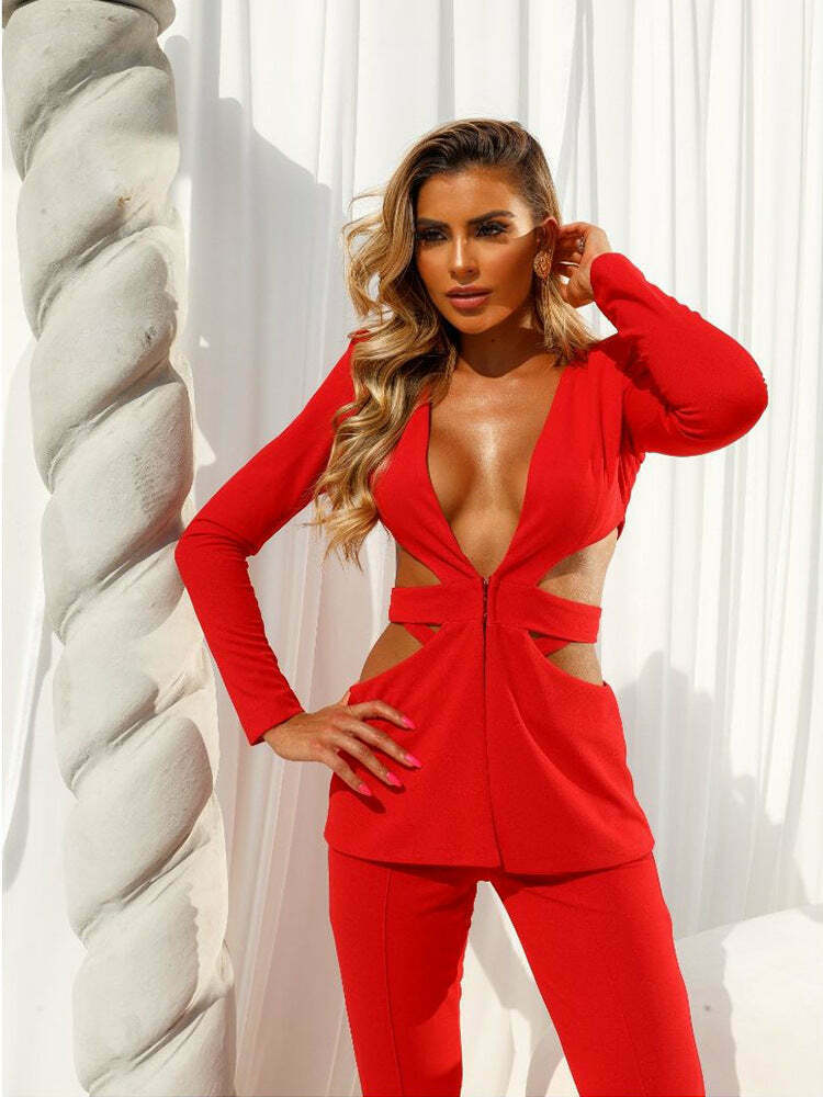 Y2K Aesthetic V-Neck Long-Sleeve Wide-Leg Pants Two-Piece Suit for Women