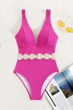 Y2K Aesthetic V-Neck Metal Ring Swimsuit - Coquette Style Hollow Solid Color Beachwear