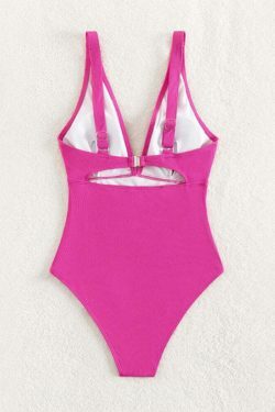 Y2K Aesthetic V-Neck Metal Ring Swimsuit - Coquette Style Hollow Solid Color Beachwear