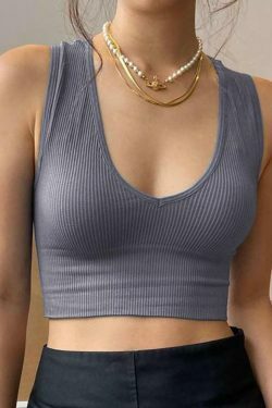 Y2K Aesthetic V-Neck Rib-Knit Crop Tank - Coquette & Grunge Style, Cute Tops, Pastel Goth, Cargo