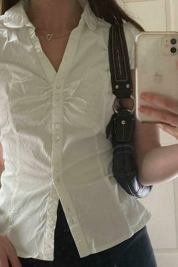 Y2K Aesthetic V-Neck Ruched Shirt - Coquette Style Grunge Fashion - Cute Tops & Cargo Skirt