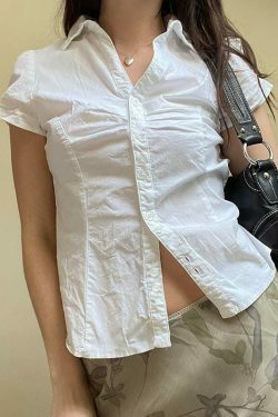 Y2K Aesthetic V-Neck Ruched Shirt - Coquette Style Grunge Fashion - Cute Tops & Cargo Skirt